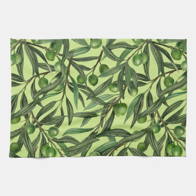 Olive branches on honeydew green kitchen towel (Horizontal)