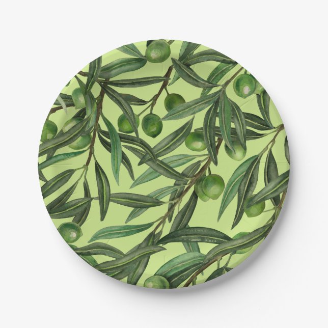 Olive branches on honeydew green paper plates (Front)