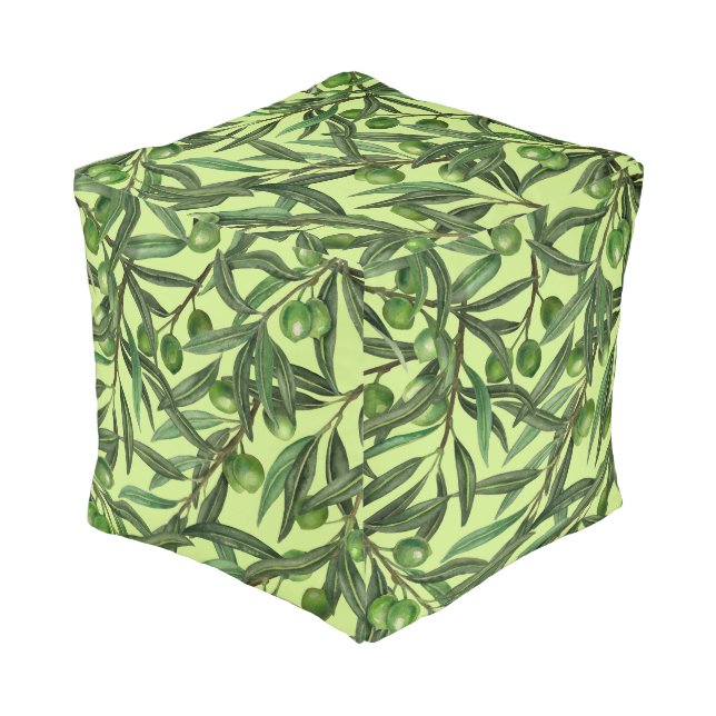 Olive branches on honeydew green pouf (Angled Front)
