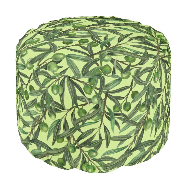 Olive branches on honeydew green pouf (Angled Front)