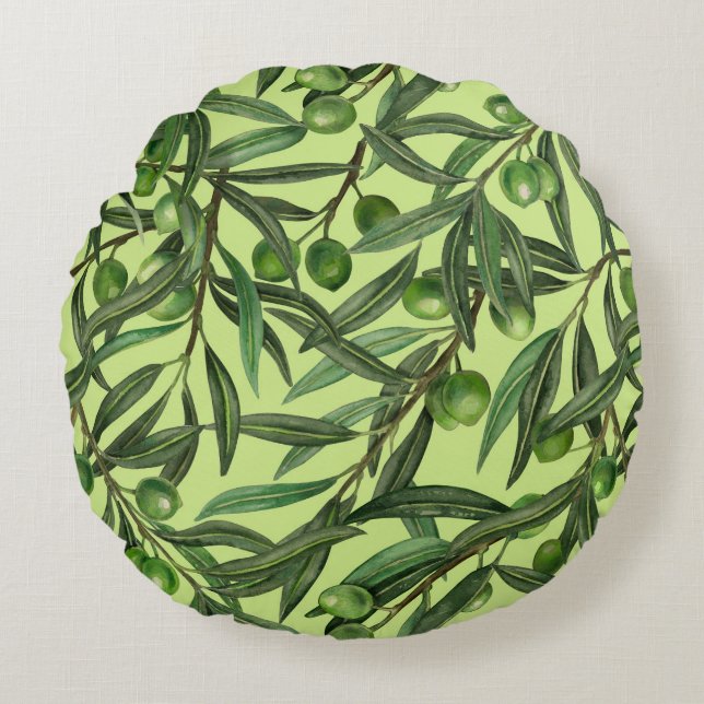 Olive branches on honeydew green round pillow (Front)