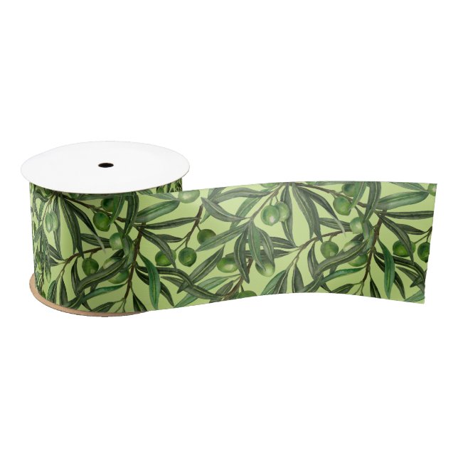 Olive branches on honeydew green satin ribbon (Spool)