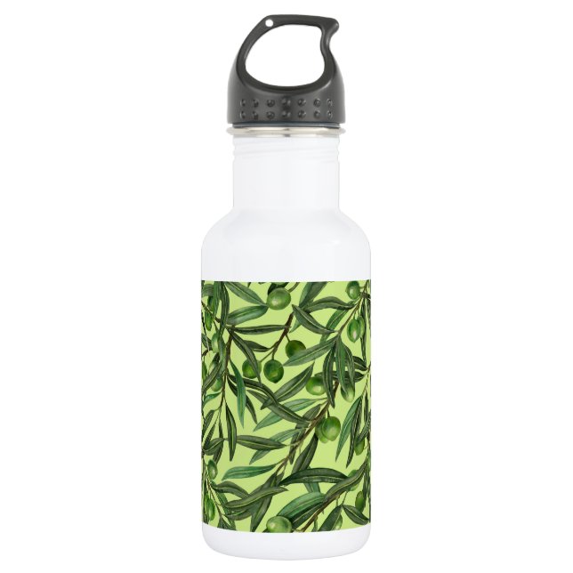 Olive branches on honeydew green stainless steel water bottle (Front)