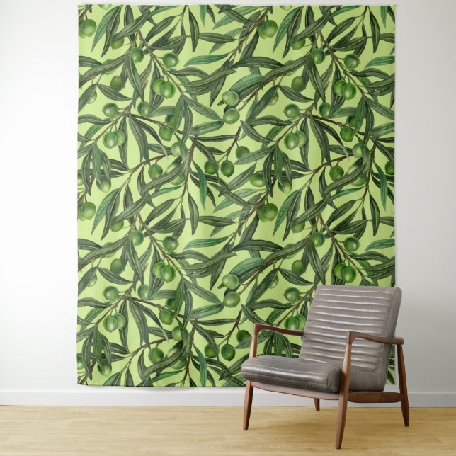 Olive branches on honeydew green tapestry (In Situ)