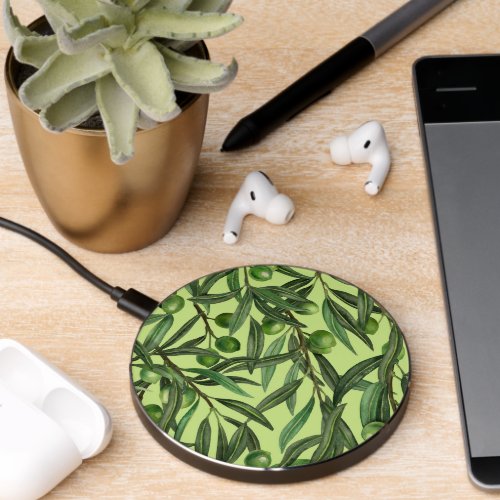 Olive branches on honeydew green wireless charger 