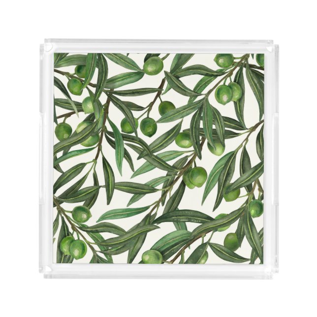Olive branches on off white acrylic tray (Front)
