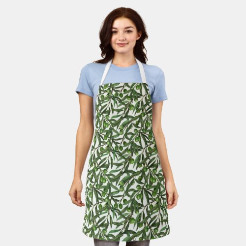 Olive branches on off white apron