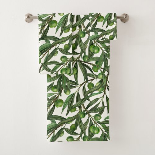 Olive branches on off white bath towel set