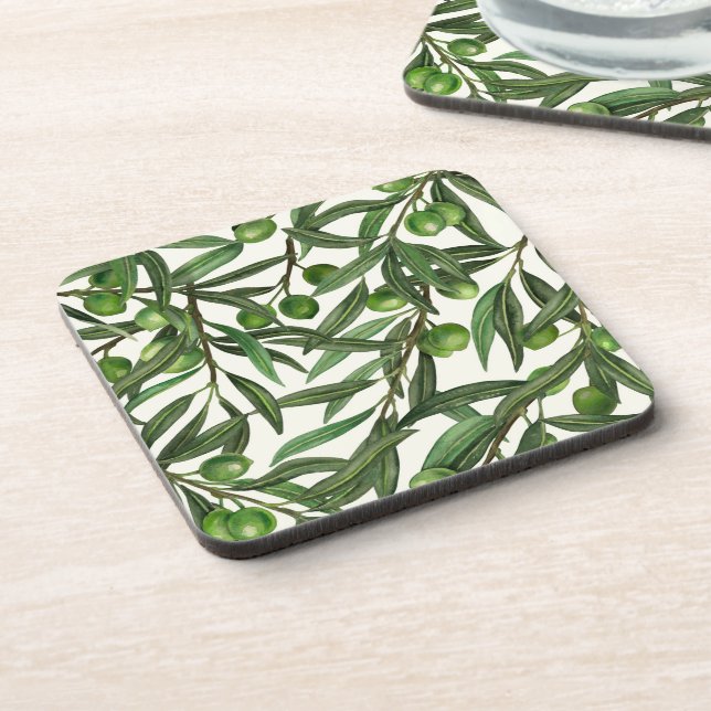 Olive branches on off white beverage coaster (Left Side)