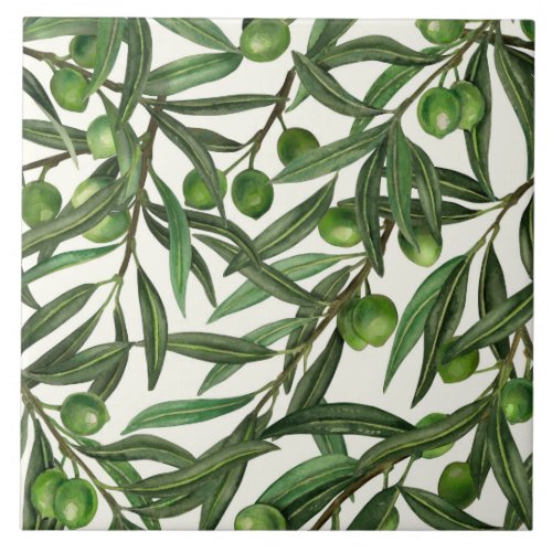 Olive branches on off white ceramic tile