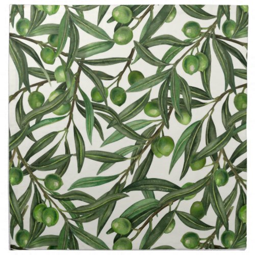 Olive branches on off white cloth napkin