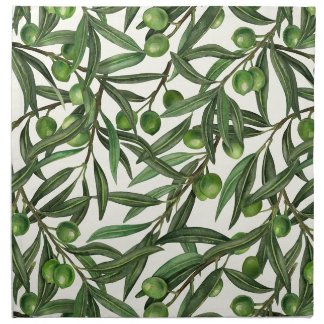 Olive branches on off white cloth napkin (Front)