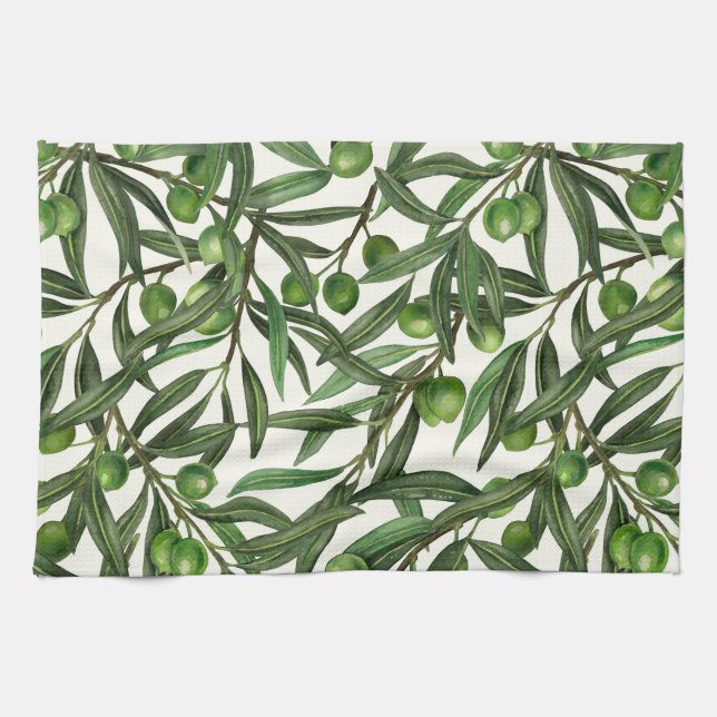 Olive branches on off white kitchen towel (Horizontal)