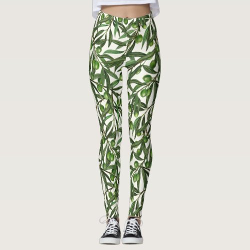 Olive branches on off white leggings