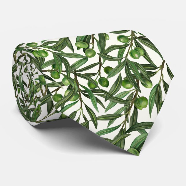 Olive branches on off white neck tie (Rolled)