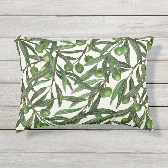 Olive branches on off white outdoor pillow (Front)