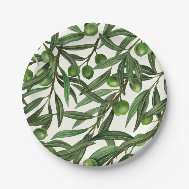 Olive branches on off white paper plates (Front)