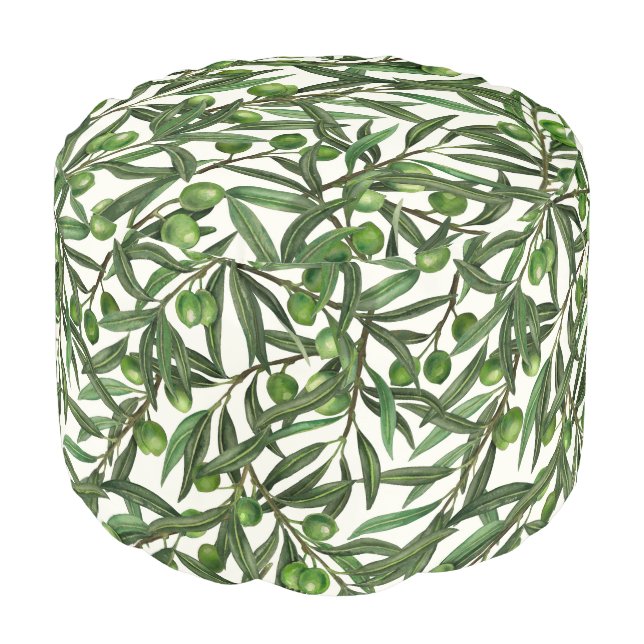 Olive branches on off white pouf (Angled Front)