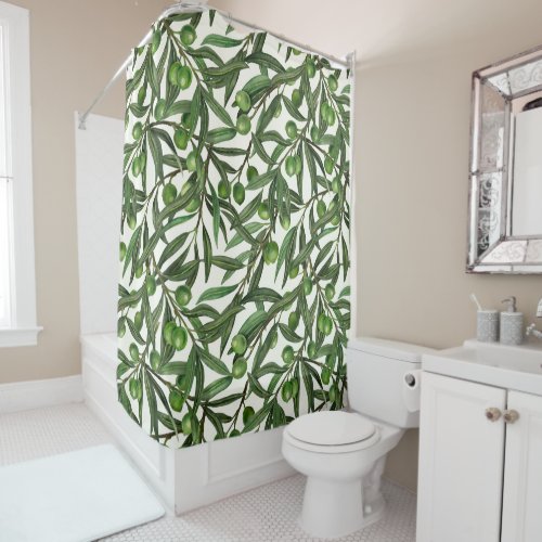 Olive branches on off white shower curtain