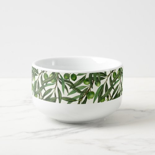 Olive branches on off white soup mug