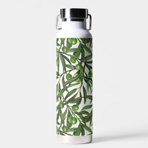 Olive branches on off white water bottle