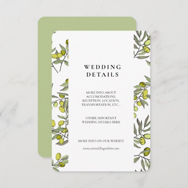 Olive branches pattern wedding details card (Front/Back)
