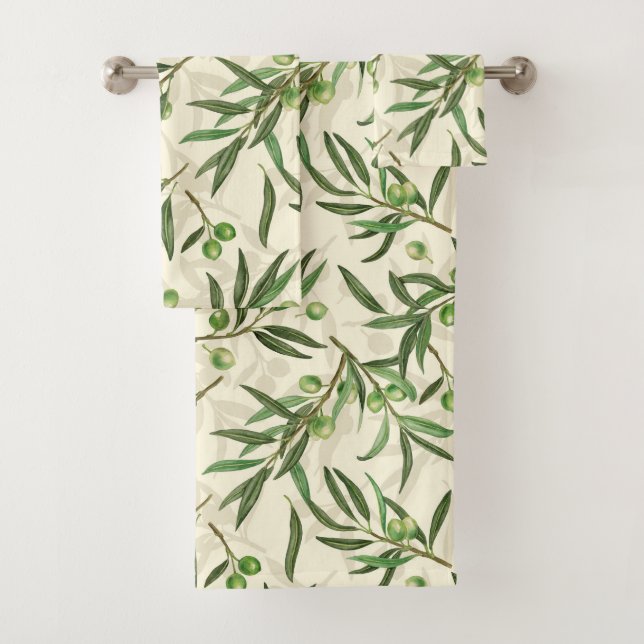 Olive branches watercolor bath towel set (Insitu)
