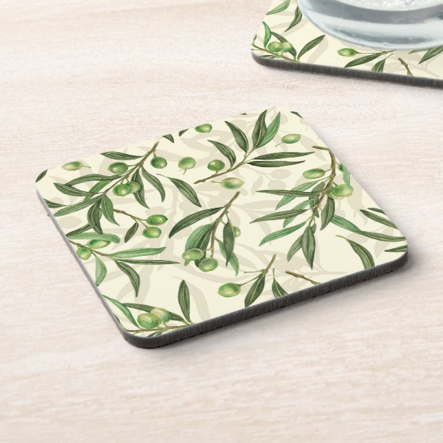 Olive branches watercolor beverage coaster (Left Side)