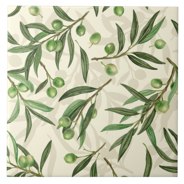 Olive branches watercolor ceramic tile (Front)