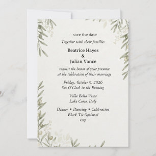 Olive Branches, Watercolor Foliage, Botanical Line Invitation