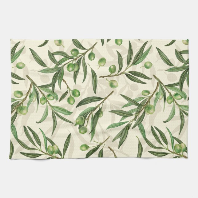 Olive branches watercolor kitchen towel (Horizontal)