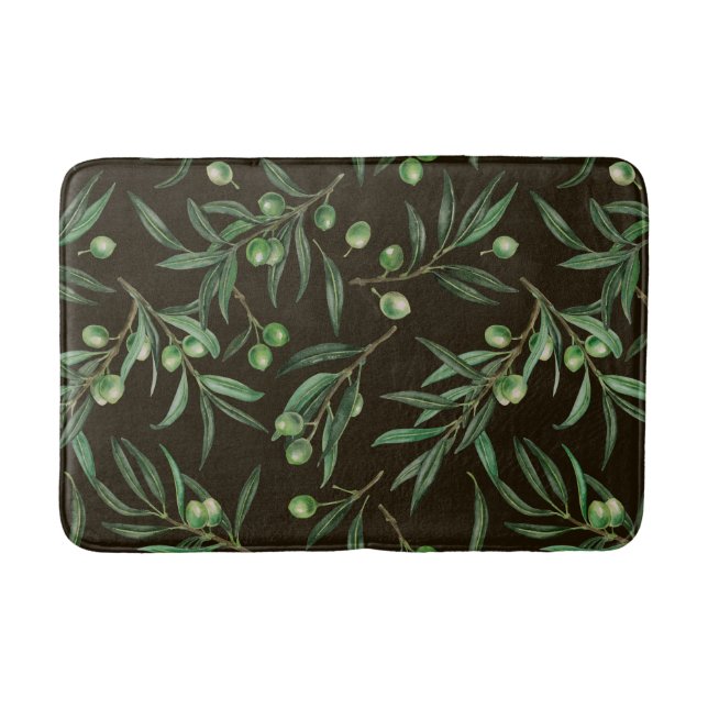 Olive branches watercolor on black bath mat (Front)