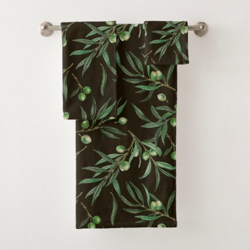 Olive branches watercolor on black bath towel set