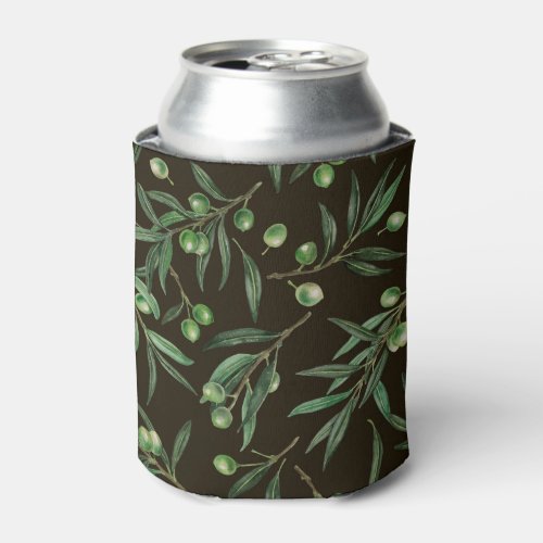 Olive branches watercolor on black can cooler