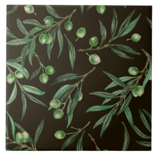 Olive branches watercolor on black ceramic tile