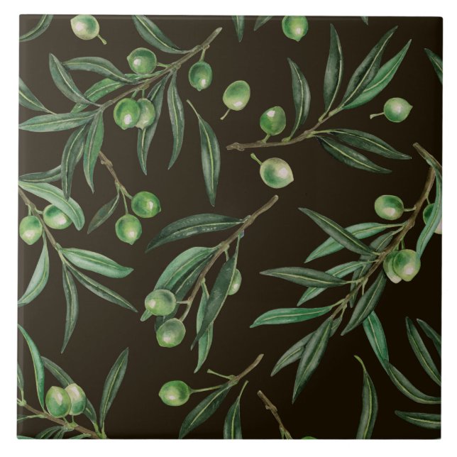 Olive branches watercolor on black ceramic tile (Front)
