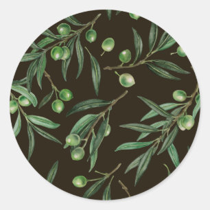 Olive branches watercolor on black classic round sticker
