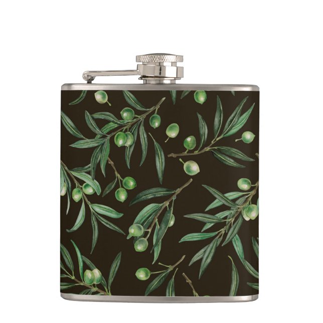 Olive branches watercolor on black flask (Front)