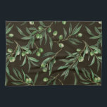 Olive branches watercolor on black kitchen towel<br><div class="desc">Olive branches painted with watercolors,  seamless pattern design</div>