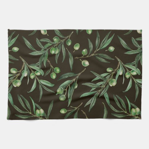 Olive branches watercolor on black kitchen towel