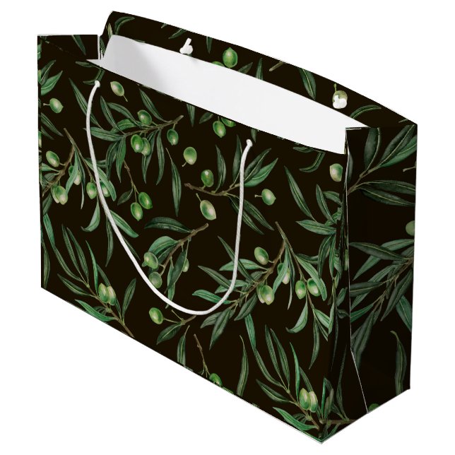Olive branches watercolor on black large gift bag (Back Angled)