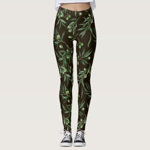 Olive branches watercolor on black leggings