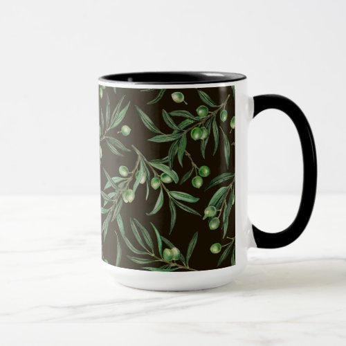 Olive branches watercolor on black mug