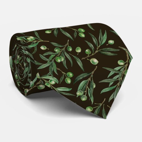 Olive branches watercolor on black neck tie