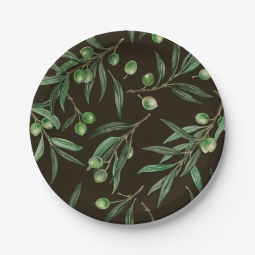 Olive branches watercolor on black paper plates