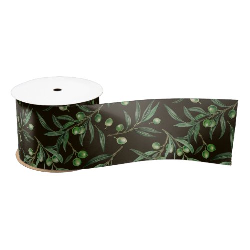 Olive branches watercolor on black satin ribbon