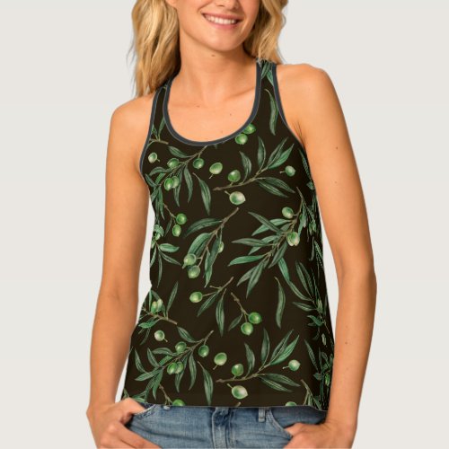 Olive branches watercolor on black tank top