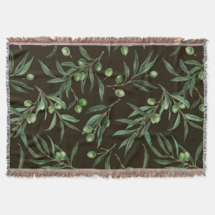 Olive branches watercolor on black throw blanket