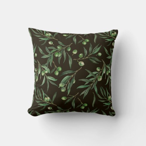 Olive branches watercolor on black throw pillow