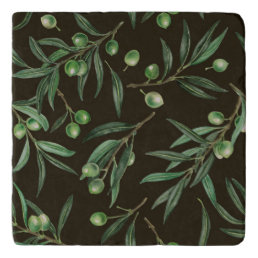 Olive branches watercolor on black trivet
